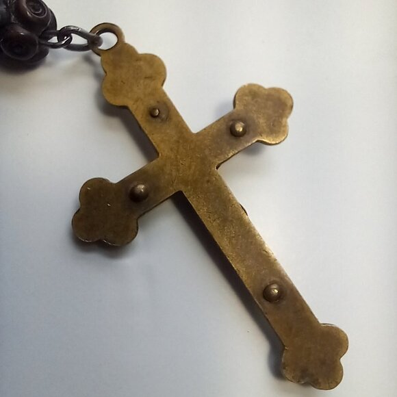Vintage Rosary St Mary Steel Bakelite Brass Hardwood Large & Substantial - Picture 12 of 15